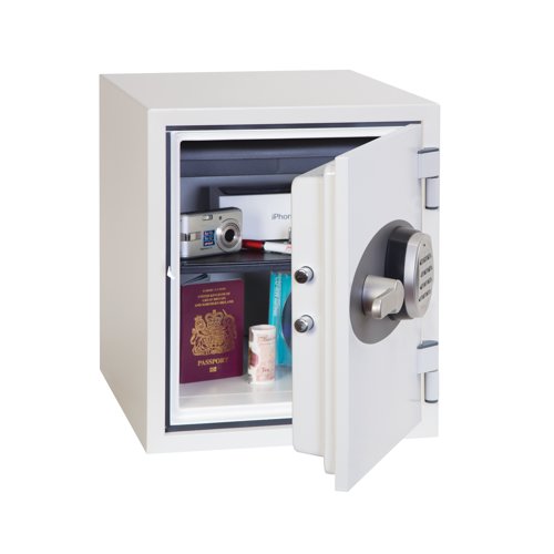 This Phoenix Titan 25 litre safe provides 60 minutes fire protection for paper and digital media. Fitted with a pull-out drawer, 1 adjustable shelf and 4 key hooks. This high security electronic lock with convenient LED display, the safe also features dual control, hidden code and scrambled code as standard. Recommended for overnight cover of up to 2,000 GBP cash or 20,000 GBP valuables, the safe is ready prepared for floor fixing, with 2 fixing bolts for concrete floors supplied. The safe is drop tested to 9.1 metres for resistance to the impact of falling through the burning floors of a building. This white 25 litre safe measures W260 x D305 x H320mm (internal). Installation is available, price on application.