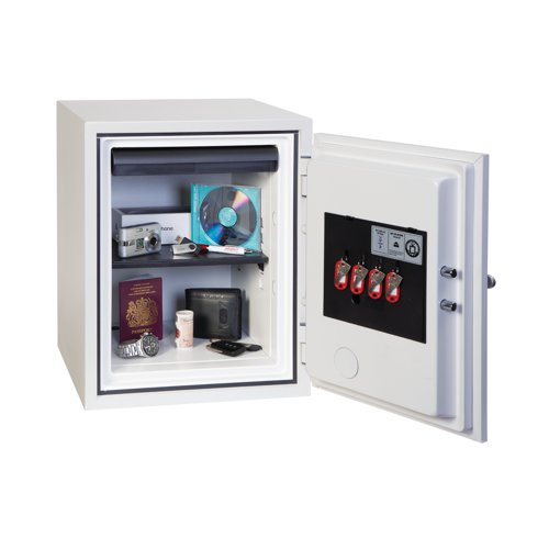 PN00340 | This Phoenix Titan 36 litre safe provides 60 minutes fire protection for paper and digital media. Fitted with a pull-out drawer, height adjustable shelf and 4 key hooks. Fitted with a high security electronic lock with convenient LED display, the safe also features dual control, hidden code and scrambled code as standard. Recommended for overnight cover of up to 2,000 GBP cash or 20,000 GBP valuables, the safe is ready prepared for floor fixing, with 2 fixing bolts for concrete floors supplied. The safe is drop tested to 9.1 metres for resistance to the impact of falling through the burning floors of a building. This white 36 litre safe measures W300 x D300 x H410mm (internal). Installation is available, price on application.
