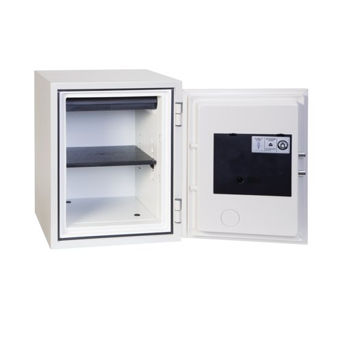 PN00340 | This Phoenix Titan 36 litre safe provides 60 minutes fire protection for paper and digital media. Fitted with a pull-out drawer, height adjustable shelf and 4 key hooks. Fitted with a high security electronic lock with convenient LED display, the safe also features dual control, hidden code and scrambled code as standard. Recommended for overnight cover of up to 2,000 GBP cash or 20,000 GBP valuables, the safe is ready prepared for floor fixing, with 2 fixing bolts for concrete floors supplied. The safe is drop tested to 9.1 metres for resistance to the impact of falling through the burning floors of a building. This white 36 litre safe measures W300 x D300 x H410mm (internal). Installation is available, price on application.