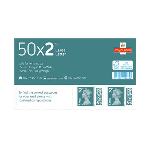 Royal Mail Second Class Large Postage Stamp Sheet (Pack of 50) BBSL2