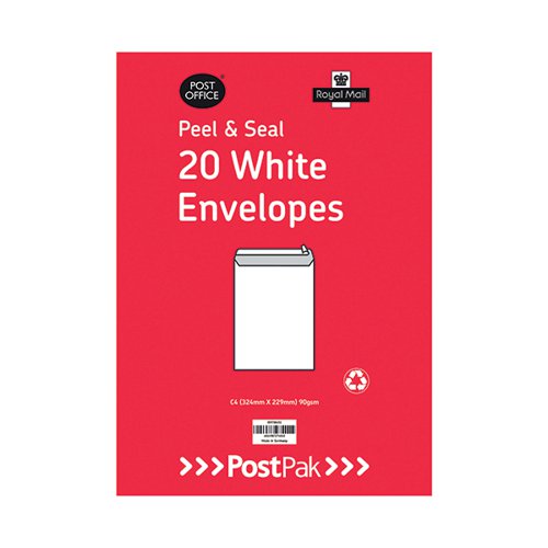Postpak C4 Peel and Seal White 90gsm 10 Packs of 20 Envelopes 9730451