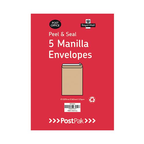 Postpak C4 Peel and Seal Manilla 115gsm 5 Envelopes (Packs of 40) 9731119