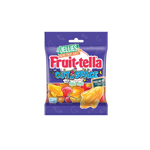 Delicious Fruit-tella Out In Space jellies in moon, planet and rocket shapes in pineapple, strawberry and peach flavours. Made for sharing. Made with real fruit juice (6%). 110g per packet. 24 packs supplied.