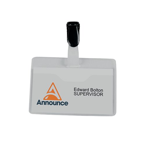 These Announce Visitor Name Badges are tough, durable, and transparent. Supplied with straps, clips, and insert cards, these landscape badges are top loading and easily attach to clothing. These badges measure 60x90mm and are supplied in a pack of 25.