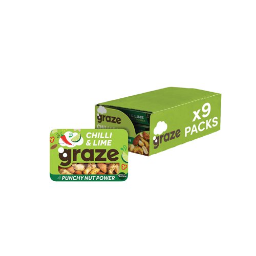 PX70049 | Graze Punchy Protein Power punnet is a handy snack pack with chilli and lime cashews, raw almonds and baked salted peanuts. Made without artificial colour, flavour or preservatives. 41g punnet. Pack of 9.