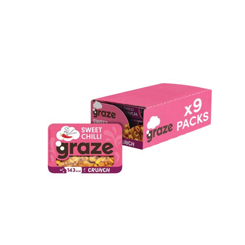Graze Sweet Chilli Crunch punnet is a handy snack pack with sweet chilli flavoured peas, corn, broad beans and crunchy corn hoops. Made without artificial colour, flavour or preservatives. 31g punnet. Pack of 9 punnets.