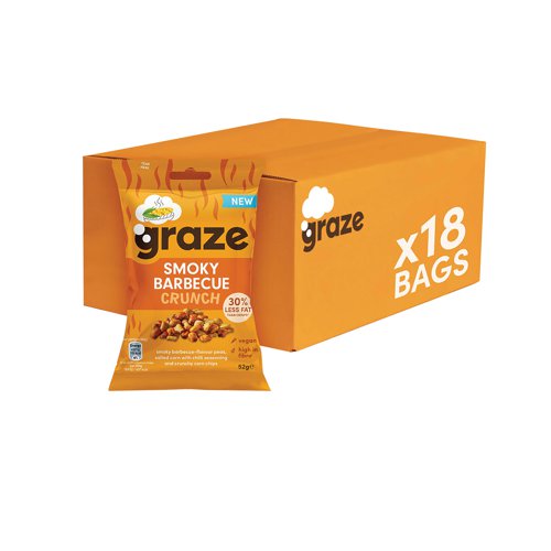 PX70440 | Graze Smoky Barbecue Crunch 52g bag is a handy pouch pack with smoky barbecue flavoured peas, crunchy corn chips and chilli corn. Intensley flavoured, light and crunchy crisp alternative. High in fibre. Made without artificial colour, flavour or preservatives. Suitable for vegans. Pack of 18.