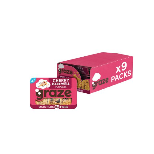 PX70521 | Graze Cherry Bakewell Fibre Flapjack punnet is a handy snack pack with wholegrain oat flapjack with cherries and almonds. Made without artificial colour, flavour or preservatives. 53g punnet. Pack of 9.