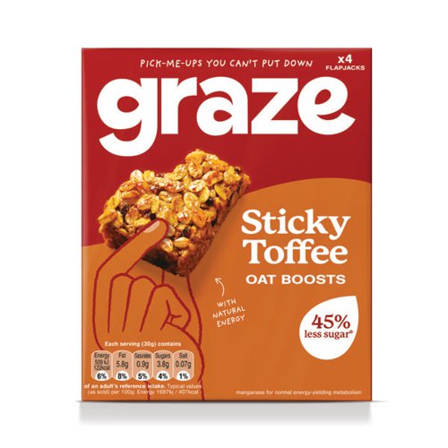 Graze Sticky Toffee Oat Boosts are flavoured wholegrain oat flapjacks made with chopped dates and black treacle. Providing a source of manganese for energy-yielding metabolism, these 30g bars are supplied in a pack of 4.