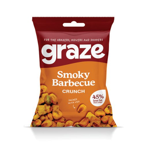 Graze Smoky Barbecue Crunch 35g pack with smoky barbecue flavoured coated corn, peas and crunchy corn chips. An intensely flavoured, light and crunchy crisp alternative, packed with vegetables. Supplied in a pack of 10.