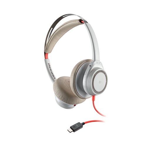 The Poly Blackwire headset is a corded, monaural on-ear design. Ideal for open office environments. With USB-C connection. Stereo sound output. White.