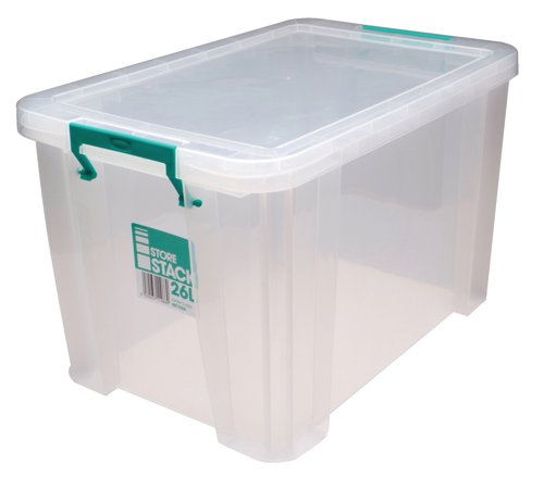 RB11088 | These heavy duty, stackable boxes provide a tough and durable storage solution for the office, home or warehouse. The base and corners are reinforced for extra strength and durability, making them ideal for long term storage. The storage box can be stacked with or without the included lid for versatile use. The lid also includes location guides for non-slip, secure stacking. The box also contains handles, which clip the lid in place and make transportation easier. This 26 litre storage box measures W470 x D300 x H290mm.