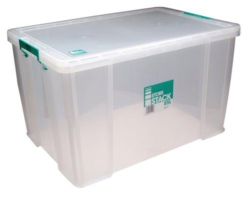 RB11090 | These heavy duty, stackable boxes provide a tough and durable storage solution for the office, home or warehouse. The base and corners are reinforced for extra strength and durability, making them ideal for long term storage. The storage box can be stacked with or without the included lid for versatile use. The lid also includes location guides for non-slip, secure stacking. The box also contains handles, which clip the lid in place and make transportation easier. This 85 litre storage box measures W660 x D440 x H390mm.