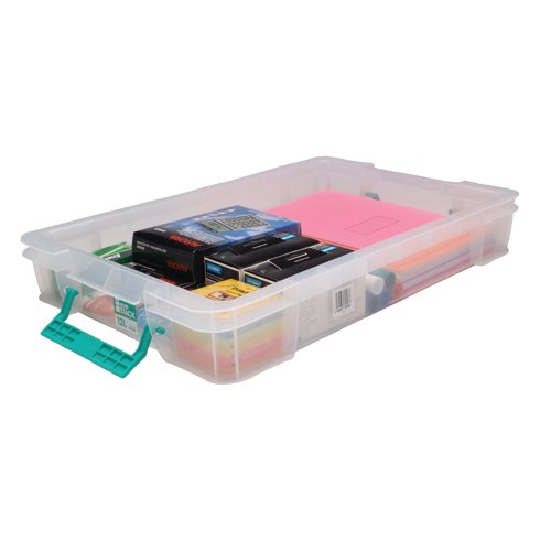 RB75898 | This heavy duty, stackable, polypropylene box provides a tough and durable storage solution for the office, home or warehouse. The base and corners are reinforced for extra strength and durability, which is ideal for long term storage. The storage box can be stacked with or without the included lid for versatile use. The lid also includes location guides for non-slip, secure stacking. The box also contains handles, which clip the lid in place and make transportation easier. This pack contains 1 clear storage box with a 12 litre capacity, measuring W550 x D360 x H90mm.