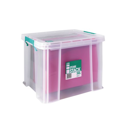 These heavy duty, stackable boxes provide a tough and durable storage solution for the office home or warehouse. The base and corners are reinforced for extra strength and durability, making them ideal for long term storage. The storage box can be stacked with or without the included lid for versatile use. The lid also includes location guides for non-slip, secure stacking. The box also contains handles, which clip the lid in place and make transportation easier. This 36 litre box has internal grooves, which accommodate both A4 and foolscap suspension files.