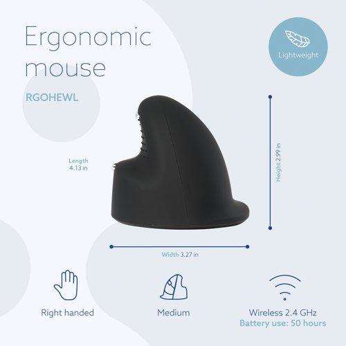 RG30002 | This innovative R-GO HE Ergonomic Mouse features a vertical design with a curved shape and thumb groove, which helps improve circulation, relieve muscle tension and provide comfort and support with a more natural and relaxed hand position. The wireless design provides more freedom of movement with USB receiver included. The Mouse also features customisable buttons for shortcuts to suit you. This medium, right handed Ergonomic Mouse is designed for hands measuring 165 - 185mm and comes in black/silver.