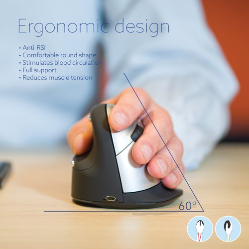 RG30002 | This innovative R-GO HE Ergonomic Mouse features a vertical design with a curved shape and thumb groove, which helps improve circulation, relieve muscle tension and provide comfort and support with a more natural and relaxed hand position. The wireless design provides more freedom of movement with USB receiver included. The Mouse also features customisable buttons for shortcuts to suit you. This medium, right handed Ergonomic Mouse is designed for hands measuring 165 - 185mm and comes in black/silver.