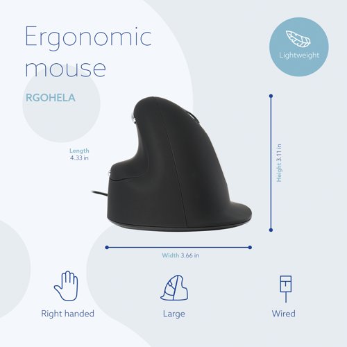 RG49046 | This innovative R-GO HE Ergonomic Mouse features a vertical design with a curved shape and thumb groove, which helps improve circulation, relieve muscle tension and provide comfort and support with a more natural and relaxed hand position. The Ergonomic Mouse also features customisable buttons for shortcuts to suit you. This large, right handed Mouse is designed for hands measuring above 185mm and comes in black/silver.