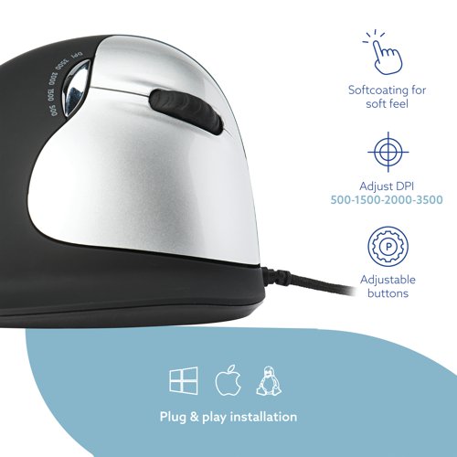 RG49061 | This innovative R-GO HE Break Ergonomic Mouse features software that uses colour signals in green, orange and red to let you know when you should take a short break. During mouse usage the light changes colour like a traffice light. This helps to improve comfort and prevent muscle strain. The vertical shape is designed to help improve circulation and relieve muscle tension, with a more natural and relaxed hand position. This large, right handed mouse is designed for hands measuring above 185mm.