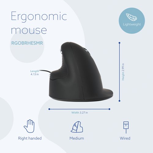 This innovative R-GO HE Break Ergonomic Mouse features software that uses colour signals in green, orange and red to let you know when you should take a short break. During mouse usage the light changes colour like a traffice light. This helps to improve comfort and prevent muscle strain. The vertical shape is designed to help improve circulation and relieve muscle tension, with a more natural and relaxed hand position. This medium, right handed mouse is designed for hands measuring 165 - 185mm.