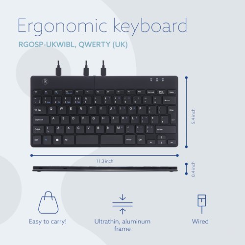 This innovative R-Go Split Ergonomic Keyboard is ultra-thin which reduces muscle tension and stimulates blood circulation. This prevents physical complaints. The keyboard separates into two parts for more comfortable typing. The ergonomic design allows you to keep your wrists straight, reducing the muscle tension that occurs when typing with bent wrists preventing RSI complaints. Find a position that suits you and easily connect the two parts again with the built-in magnet. This wired QWERTY keyboard comes in black and is made of 100% recycled plastic.