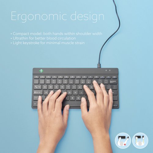 The R-Go Break Wired Keyboard has all the ergonomic features for healthy typing. The compact design ensures that your hands remain within shoulder width when using the keyboard and mouse simultaneously. The light keystroke reduces muscle tension during typing. The keyboard is ultra thin, so your hands and wrists are in a relaxed, natural position while typing. This ensures better blood circulation in your hands. The keyboard is equipped with a break indicator, which alerts you with colour signals when it's time to take a break. During typing, the light changes colour, if the light turns green, it means you are working healthily. Orange indicates that it is time to take a break and red that you have been working too long. LED colour signals do not work without separate software that needs to be purchased separately.