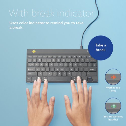 The R-Go Break Wired Keyboard has all the ergonomic features for healthy typing. The compact design ensures that your hands remain within shoulder width when using the keyboard and mouse simultaneously. The light keystroke reduces muscle tension during typing. The keyboard is ultra thin, so your hands and wrists are in a relaxed, natural position while typing. This ensures better blood circulation in your hands. The keyboard is equipped with a break indicator, which alerts you with colour signals when it's time to take a break. During typing, the light changes colour, if the light turns green, it means you are working healthily. Orange indicates that it is time to take a break and red that you have been working too long. LED colour signals do not work without separate software that needs to be purchased separately.