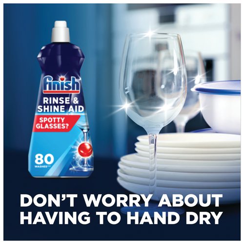 RK01401 | Finish Rinse Aid is a quick drying formula actively dries dishes and glasses for a brilliant shine. Offering film protection to prevent stains, it fights water spots and speeds up drying time by dispersing water droplets, leaving dishes streak-free and ready to use again.