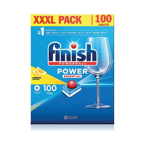 RK01570 | The Finish Power Essential dishwasher tablets provide clean and shining dishes first time, every time. The powerball supercharges the tablets to remove food and grease from dishes for everyday clean results. These tablets are lemon scented.