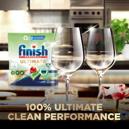 RK50704 | Finish Powerball 0% Ultimate All in One Dishwasher Tablets Finish 0% tackles whatever you throw at it, even removing dried on food. Finish 0% tablets give the cleaning performance of Finish Ultimate, free of Preservatives, phosphates and fragrance. Come in fully recyclable packaging. Eco certified.