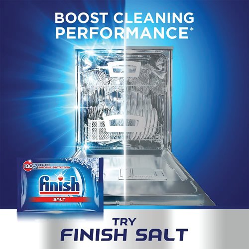 Finish Dishwasher Salt is especially designed to prevent limescale build up in your dishwasher which can cause poor performance. Salt also effectively softens water to ensure better cleaning performance of your detergent, preventing white residue marks from hard water on your glasses and dishes.