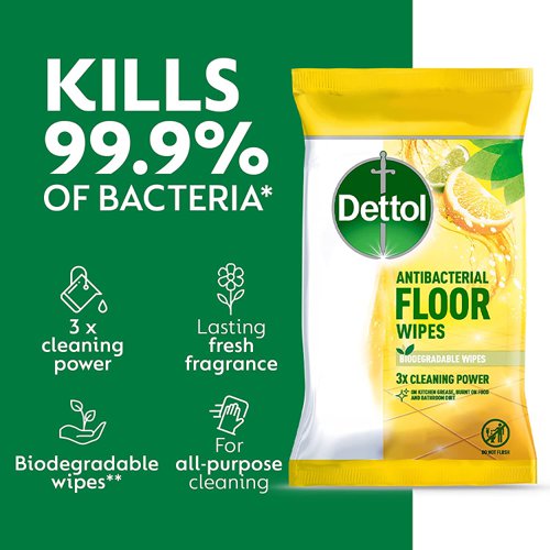 RK57226 | These antibacterial, biodegradable floor wipes offer three times the cleaning power to cut through grease, burnt on food and dirt on floors. Fragranced with Lemon and Lime. They leave floors clean and fresh killing 99.9% of bacteria. Suitable for use on surfaces around the home as well as floors. Pack contains 10 wipes.