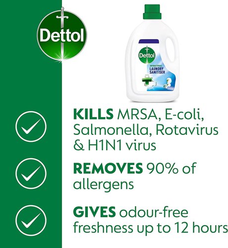 Dettol antibacterial laundry liquid cleanser keeps laundry hygienically clean even at low temperature cycles. Killing 99.9% of bacteria, giving odour-free freshness for up to 12 hours. Simply add to the wash along with the detergent for fresh, sanitised, hygienically clean laundry with the scent of fresh cotton. 3 litre bottle with a 60ml measuring cap.