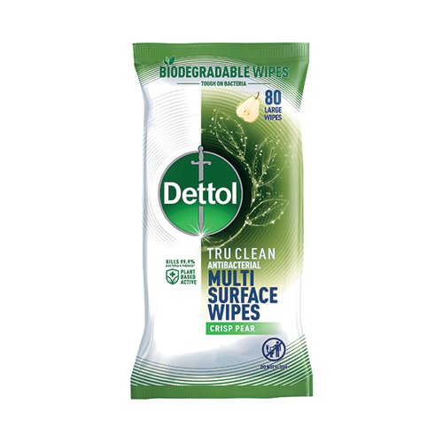 Dettol TruClean Multi Surface Antibacterial Wipes Biodegradable x80 Crisp Pear 3148841