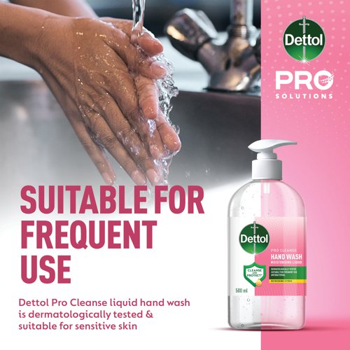 Dettol Pro Cleanse liquid hand wash is soft on skin and tough on dirt. The formula effectively washes away dirt whilst being kind to skin. Dermatologically tested, it is suitable for sensitive skin and frequent use. Supplied in a 500ml bottle with a nozzle for easy application.
