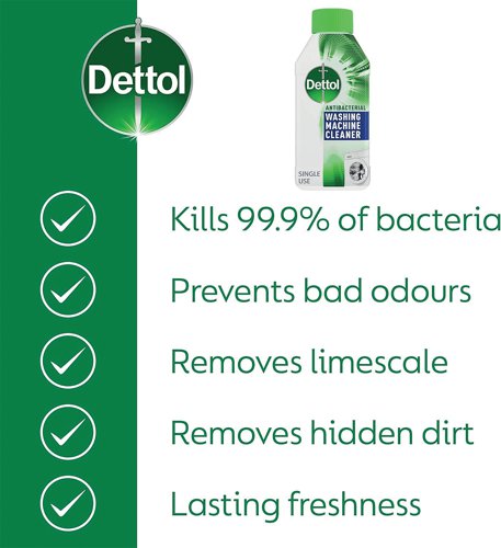 Dettol Original Antibacterial Washing Machine Cleaner is a powerful antibacterial liquid will remove bacteria, dirt, odours and limescale for a more hygienic and fresh laundry. Keeping your washing machine clean as well as your clothes is an important factor to consider when trying to fight bacteria. Use Dettol washing machine cleaner every two months in a wash on its own to kill 99.9% of bacteria. This formula will reach hidden areas of the machine which will stop bad odours, leaving a lasting freshness in the machine.