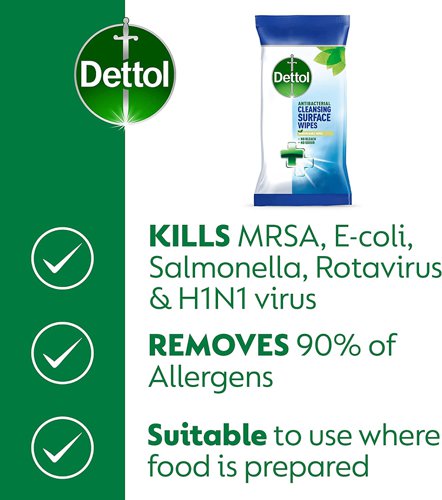 Made from biodegradable fibres, these Dettol Antibacterial cleansing surface wipes are tough on germs and allergens, killing 99.9% of bacteria and viruses. These 100% plant based wipes are free from bleach and odour. There are 126 large wipes per pack.