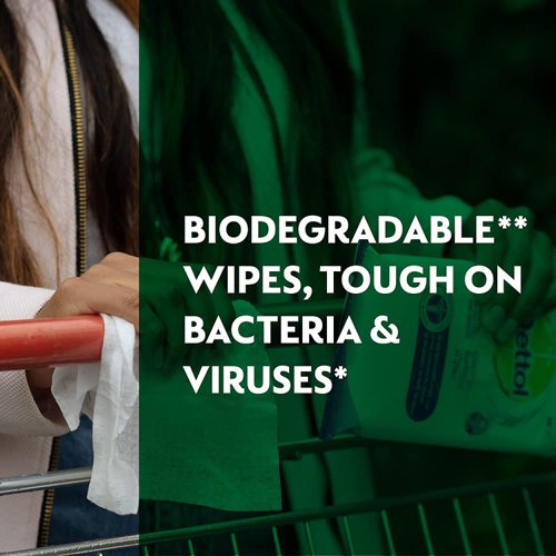 RK78050 | Made from biodegradable fibres, these Dettol Antibacterial cleansing surface wipes are tough on germs and allergens, killing 99.9% of bacteria and viruses. These 100% plant based wipes are free from bleach and odour. There are 126 large wipes per pack.