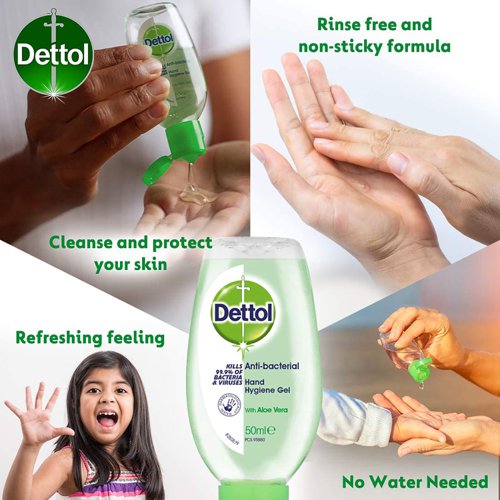 Dettol On The Go hand sanitiser gel is a handy, travel sized hand gel that easily fits into the bag or pocket. Killing 99.9% of bacteria and viruses without the need for soap or water. Simply squeeze a thumbnail size amount into the palm of hands and briskly rub them together until dry. Supplied in a handy 50ml flip-top bottle, this pack contains 12 bottles.