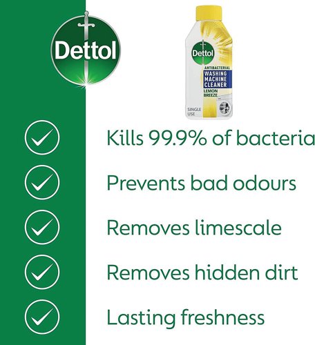 Dettol Original Antibacterial Washing Machine Cleaner is a powerful antibacterial liquid will remove bacteria, dirt, odours and limescale for a more hygienic and fresh laundry. Keeping your washing machine clean as well as your clothes is an important factor to consider when trying to fight bacteria. Use Dettol washing machine cleaner every two months in a wash on its own to kill 99.9% of bacteria. This formula will reach hidden areas of the machine which will stop bad odours, leaving a lasting freshness in the machine.