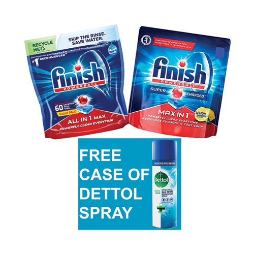 Buy 2 Pack of Finish Dishwasher Tablets And Get Free Pack 1L Dettol Surface Cleaner Spray