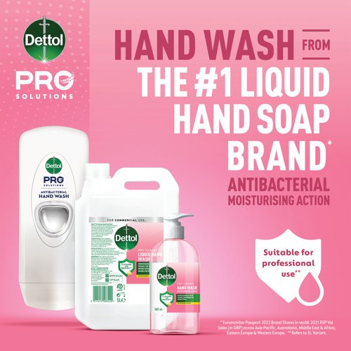 RK800008 | This bulk fill 5 litre bottle of Dettol Pro Cleanse hand wash soap is dermatologically tested and is suitable for frequent use. This moisturising hand wash has a pleasant citrus fragrance. A 5 litre bottle is a cost effective way to keep washroom dispensers topped up and ready for use, ensuring good hand hygiene. This promotion offer is for 2 bottles of Dettol Pro Cleanse Hand Wash citrus fragrance and a free Dettol Pro Solutions 1 litre soap dispenser. While stocks last.