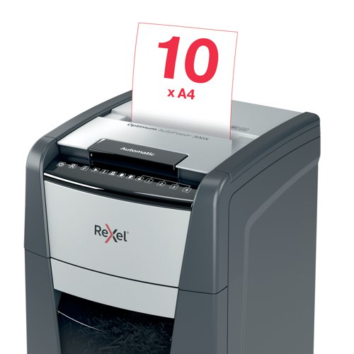 Rexel Optimum AutoFeed+ 300X cross-cut shredder automatically shreds up to 300x A4 sheets of paper (80gsm) at a time, into P-4 (4x25mm) cross-cut pieces. This auto feed shredder machine is a sophisticated office shredder, featuring a 60L pull out bin. The auto-feed removes the need to manually feed paper, and with the capability to accept staples and paper clips, the tedious process of manual removal is also unnecessary. 50 GBP / Euro Cashback Claim at www.cashback.officerewards.eu