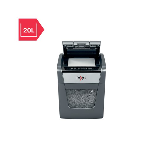 Rexel Optimum AutoFeed+ 50X cross-cut shredder automatically shreds up to 50x A4 sheets of paper (80gsm) at a time, into P-4 (4x28mm) cross-cut pieces. This auto feed shredder machine is ideal for use as a home or home office shredder due to its compact 20L bin. The auto-feed removes the need to manually feed paper, and with the capability to accept staples and paper clips, the tedious process of manual removal is also unnecessary.