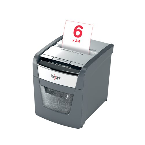 Rexel Optimum AutoFeed+ 50X cross-cut shredder automatically shreds up to 50x A4 sheets of paper (80gsm) at a time, into P-4 (4x28mm) cross-cut pieces. This auto feed shredder machine is ideal for use as a home or home office shredder due to its compact 20L bin. The auto-feed removes the need to manually feed paper, and with the capability to accept staples and paper clips, the tedious process of manual removal is also unnecessary.