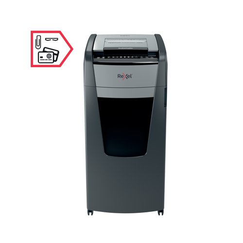 Rexel Optimum AutoFeed+ 750X cross-cut shredder automatically shreds up to 750x A4 sheets of paper (80gsm) at a time, into P-4 (4x30mm) cross-cut pieces. This auto feed shredder machine is a sophisticated office shredder, featuring a 140L pull out bin. The auto-feed removes the need to manually feed paper, and with the capability to accept staples and paper clips, the tedious process of manual removal is also unnecessary. 130 GBP / Euro Cashback Claim at www.cashback.officerewards.eu