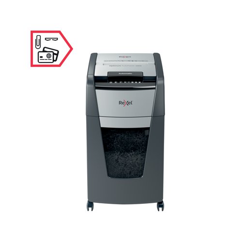 Rexel Optimum AutoFeed+ 225X cross-cut shredder automatically shreds up to 225x A4 sheets of paper (80gsm) at a time, into P-4 (4x25mm) cross-cut pieces. This auto feed shredder machine is a sophisticated office shredder, featuring a 60L pull out bin. The auto-feed removes the need to manually feed paper, and with the capability to accept staples and paper clips, the tedious process of manual removal is also unnecessary.