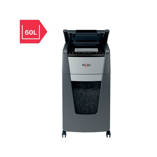 Rexel Optimum AutoFeed+ 300M micro-cut shredder automatically shreds up to 300x A4 sheets of paper (80gsm) at a time, into P-5 (2x15mm) micro-cut pieces. This auto feed shredder machine is a sophisticated office shredder, featuring a 60L pull out bin. The auto-feed removes the need to manually feed paper, and with the capability to accept staples and paper clips, the tedious process of manual removal is also unnecessary. 60 GBP / Euro Cashback Claim at www.cashback.officerewards.eu