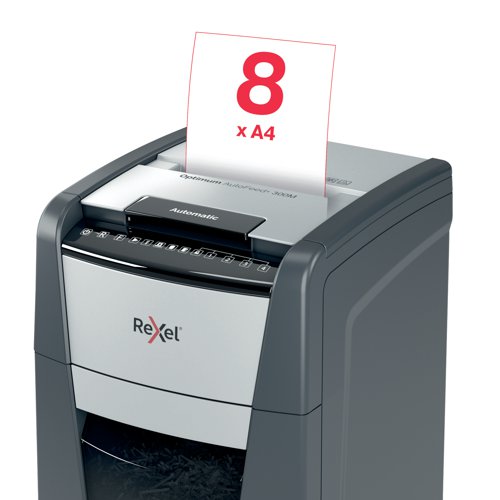 Rexel Optimum AutoFeed+ 300M micro-cut shredder automatically shreds up to 300x A4 sheets of paper (80gsm) at a time, into P-5 (2x15mm) micro-cut pieces. This auto feed shredder machine is a sophisticated office shredder, featuring a 60L pull out bin. The auto-feed removes the need to manually feed paper, and with the capability to accept staples and paper clips, the tedious process of manual removal is also unnecessary. 60 GBP / Euro Cashback Claim at www.cashback.officerewards.eu