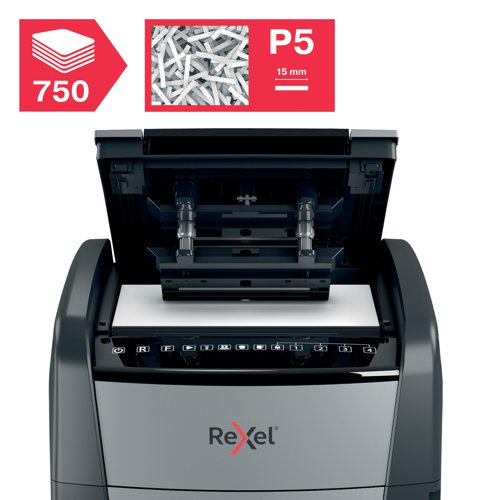 Rexel Optimum AutoFeed+ 750M micro-cut shredder automatically shreds up to 750 A4 sheets of 80gsm paper at a time, into P-5 (2x15mm) micro-cut pieces. This auto feed shredder machine is a sophisticated office shredder, featuring a 140 litre pull out bin. Featuring Jam Free technology for smoother operation. The auto-feed removes the need to manually feed paper. With the capability to accept staples and paper clips, the tedious process of manual removal is also unnecessary. 150 GBP / Euro Cashback Claim at www.cashback.officerewards.eu